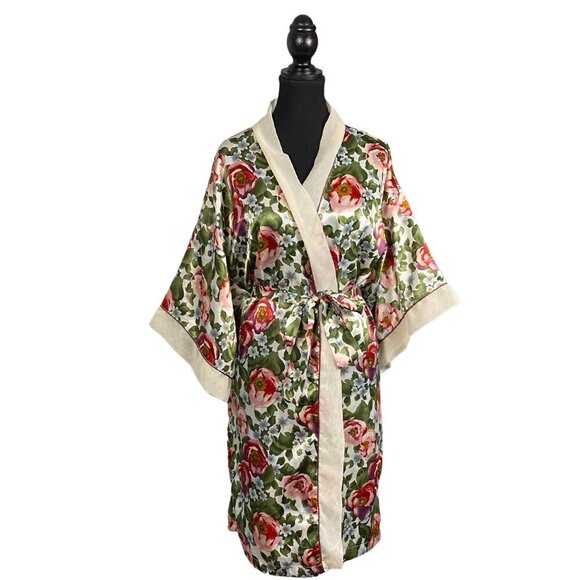 Cacique Other - Vintage 90s Satin Floral Robe, Colorful Spring Blossom Kimono, Dressing Gown